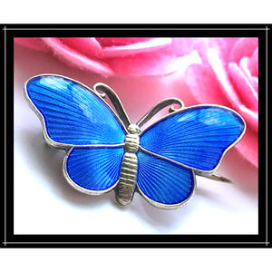 VTG Sterling Silver Ivar T. Holth Norway Blue Guilloche Enamel Butterfly Brooch